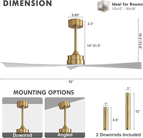 Miniatura 4 de WINGBO Ventilador de techo CC de 52 pulgadas sin luces, ventilador de techo de latón y blanco con control remoto, 3 cuchillas de plástico ABS, motor