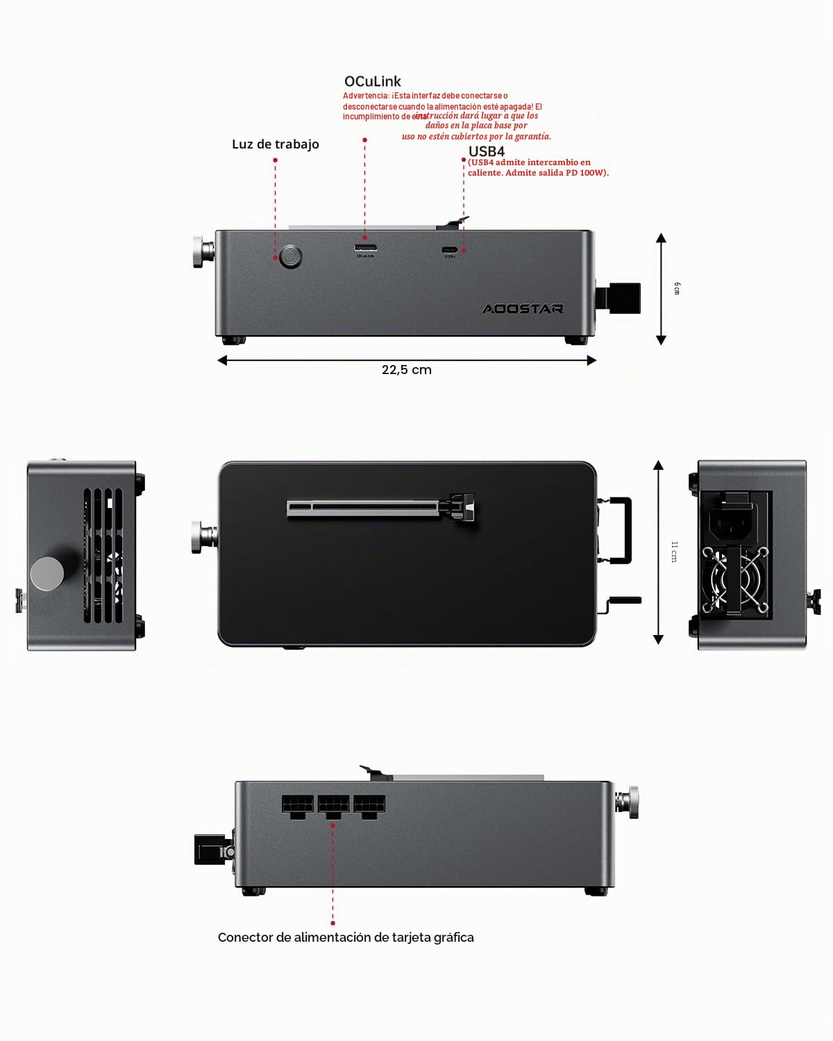 AOOSTAR AG02 eGPU Estación de Acoplamiento con Oculink, Docking Station para GPU Externa, USB4.0 admite Fuente de alimentación inversa 100W, Fuente de alimentación integrada 800W, para GPU hasta 500W