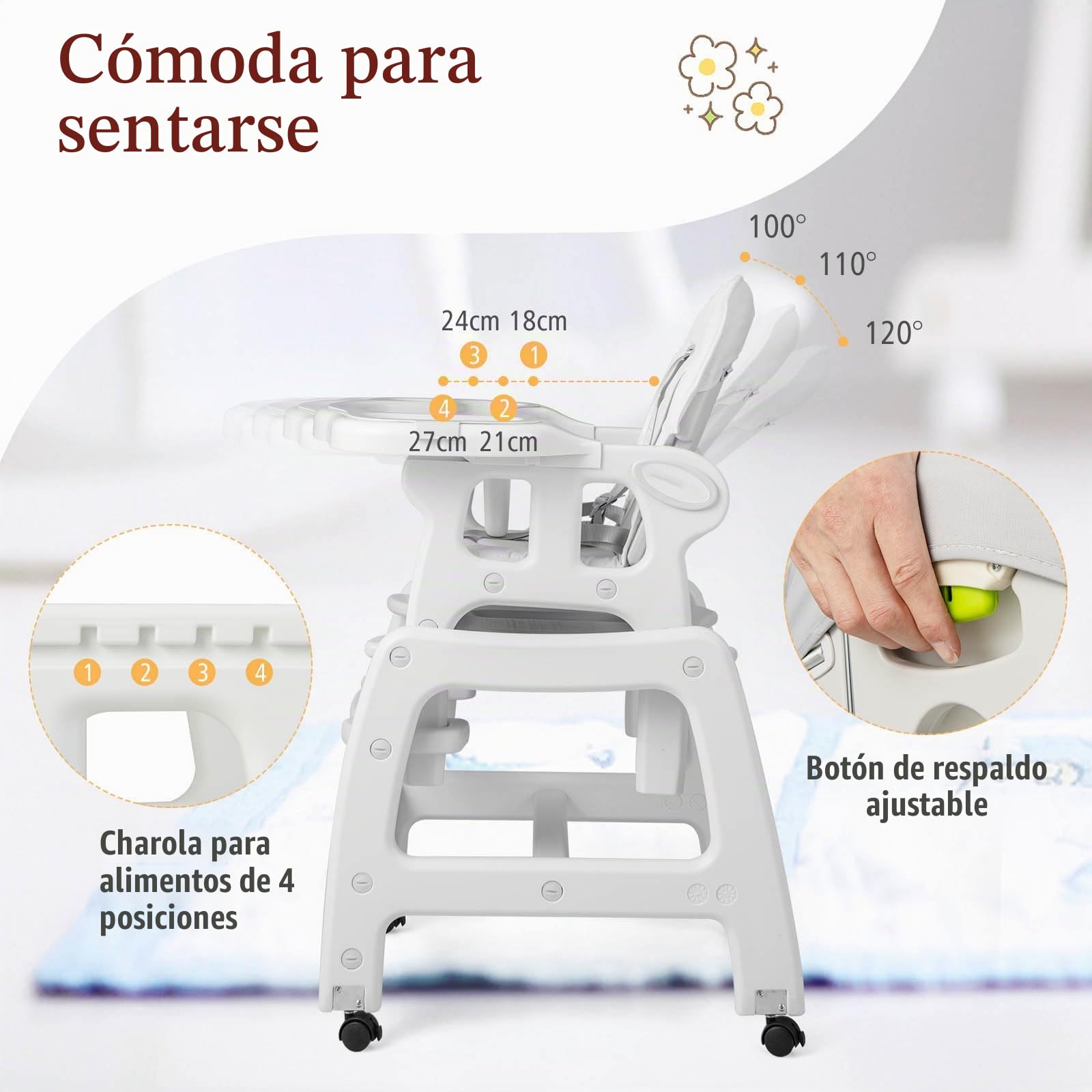LIFEZEAL Trona 5 en 1 Móvil con Balancín y Doble Bandeja Extraíble, Cojín de Asiento y Reposapiés, Cinturón de Seguridad, a partir de 6 meses (Gris)