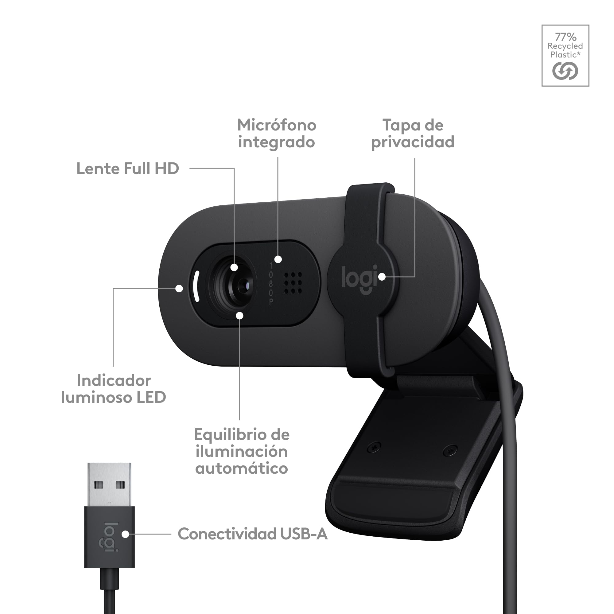 Logitech Brio 100, cámara web Full HD para reuniones y streaming, equilibrio de iluminación automático, micrófono integrado, tapa de privacidad, USB-A, Microsoft Teams, Google Meet, Zoom y más,Grafito