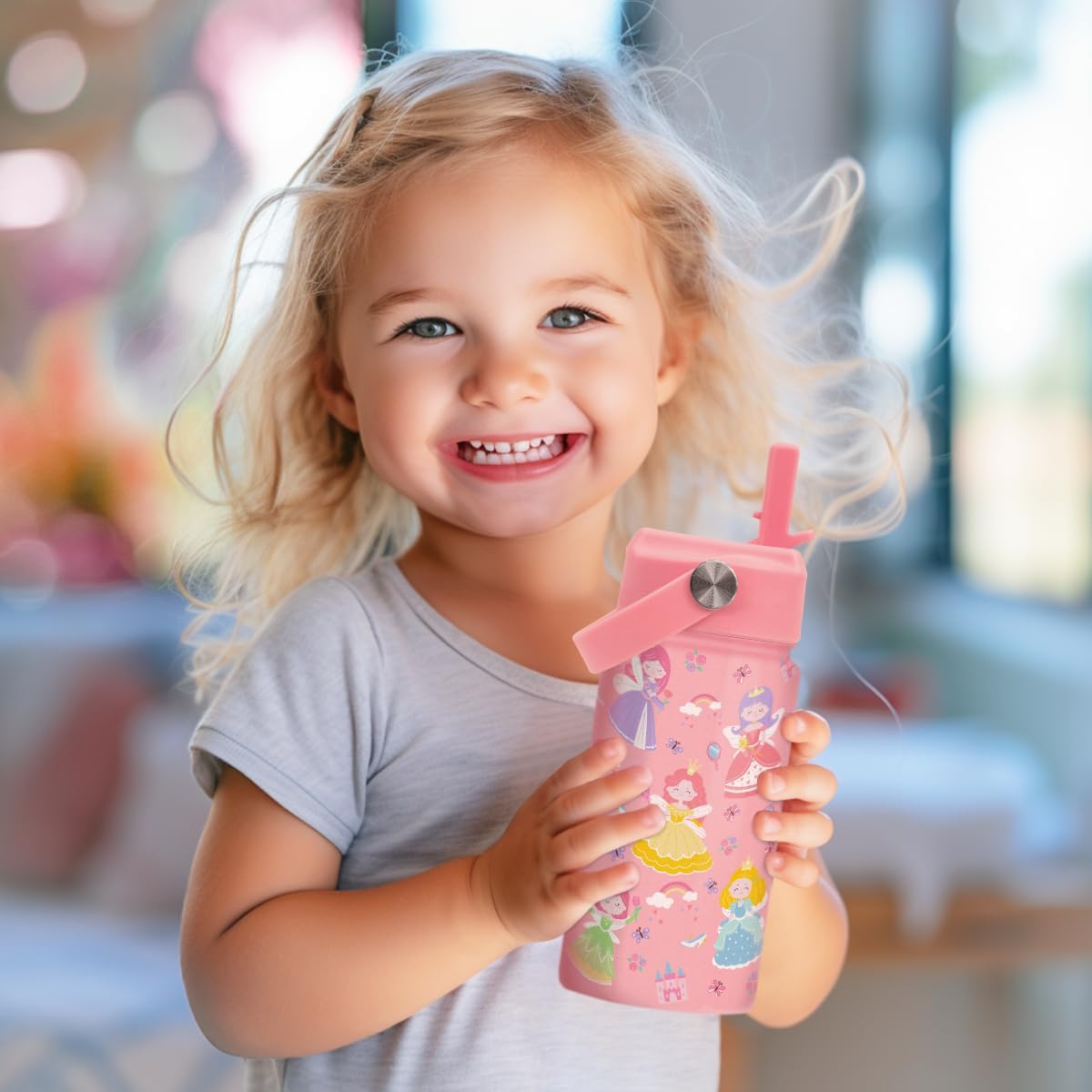 SANDJEST Princess Water Bottle for Girls - Kids Water Bottle with Straw Lid - 12 Oz Insulated Stainless Steel Water Bottles for Kid - Travel Cup for School Sports - Image 6