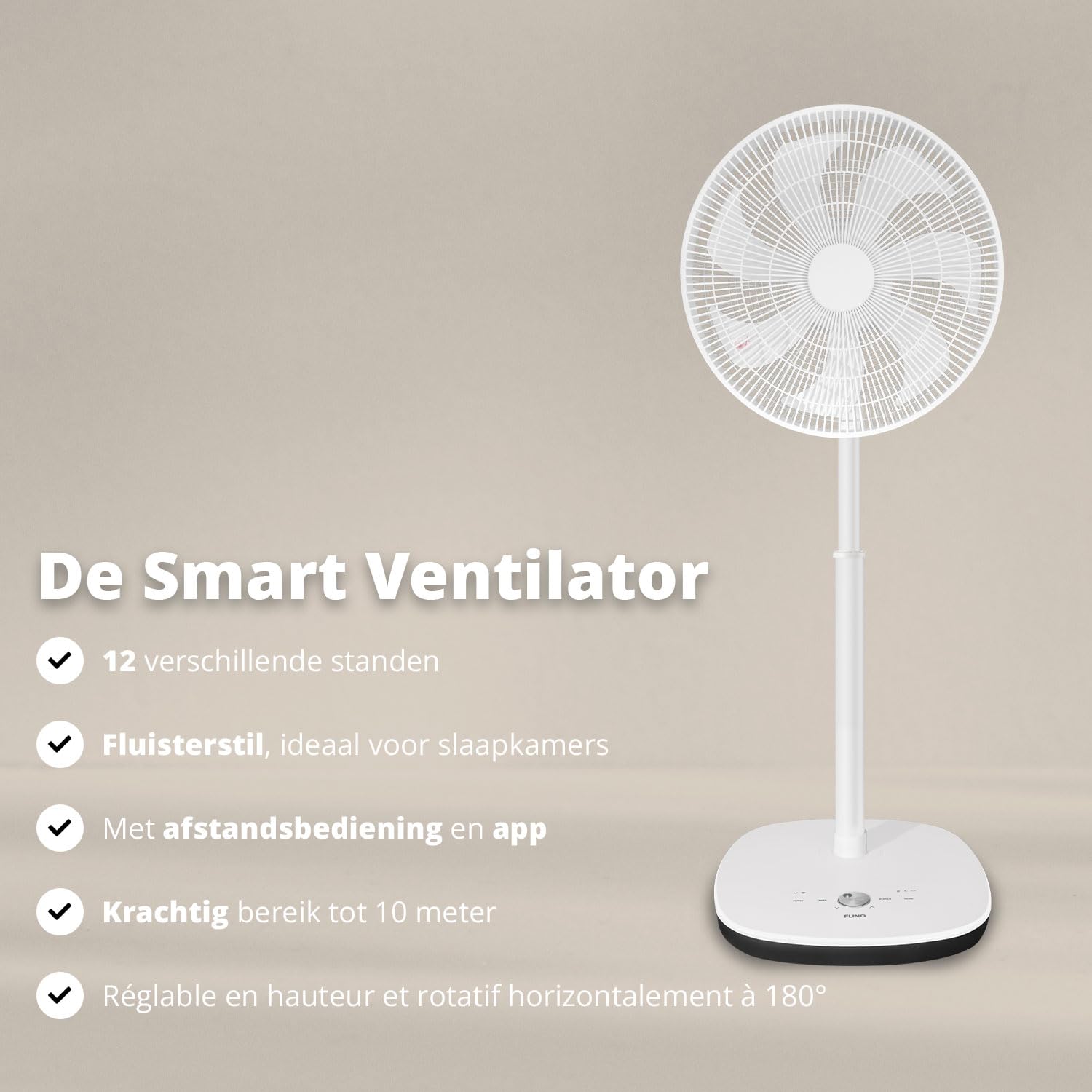 FLINQ Ventilateur sur Pied Silencieux - Ventilateur Colonne 180° Oscillation - 12 Vitesses - App & Télécommande - Ventilateur Puissant Chambre - Blanc