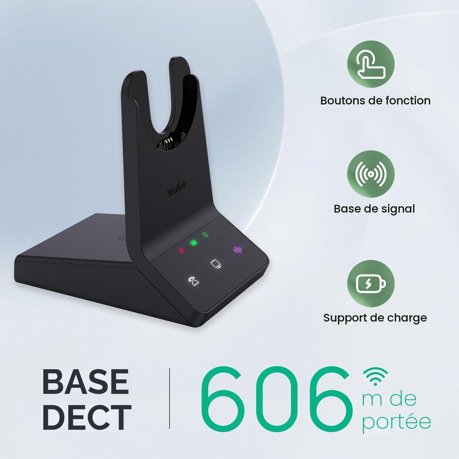 Yealink WH64 Casque sans fil avec microphone, portée de 185 m, DECT & Bluetooth, double mode, casque sans fil avec 3 microphones pour Teams Zoom, Skype, UC, téléphone IP, PC, temps de conversation 32H