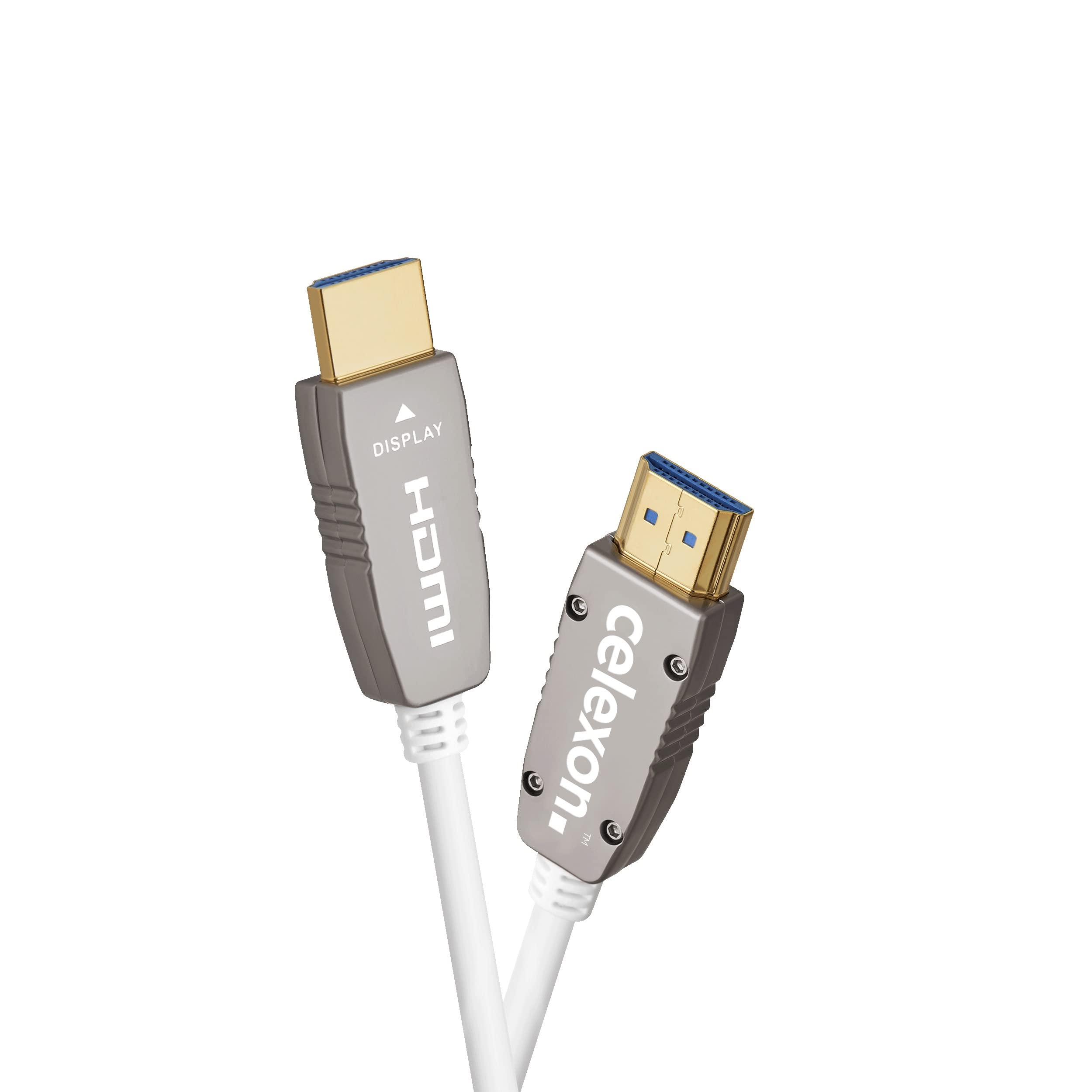 celexon UHD Optical Fibre HDMI 2.0b Cable Activo - 15m - Blanco - 3D - HDR - HLG - hasta 32 Canales de Audio - Incl. Canal de Retorno de Audio