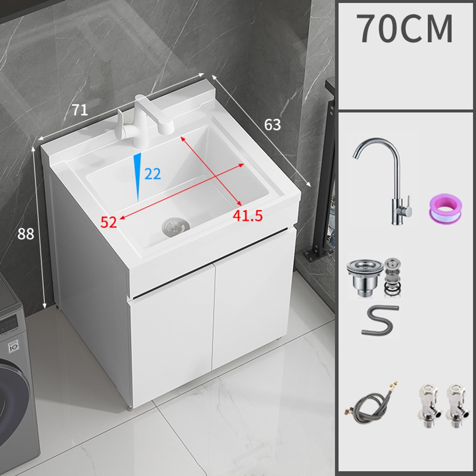 Lavandino con armadio e rubinetto estraibile, mobiletto da bagno autoportante, con rubinetto dell'acqua calda e fredda, per lavanderia, ripostiglio, cantina, monocolore, 70 cm
