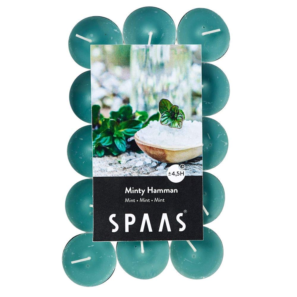 Spaas 0338213.191 30 Velas aromáticas, ± 4,5 Horas-Minty Hammam, Cera de parafina, Aluminio Taza, Verde Esmeralda, D 39 mm x H 16 mm