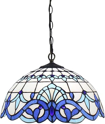 Tiffany Style Pendant Lamp 16-Inch White & Blue Stained Glass Hanging Lights Mediterranean Art Chandelier for Living Room Kitchen Dining Room Hallway, E27/E26*1