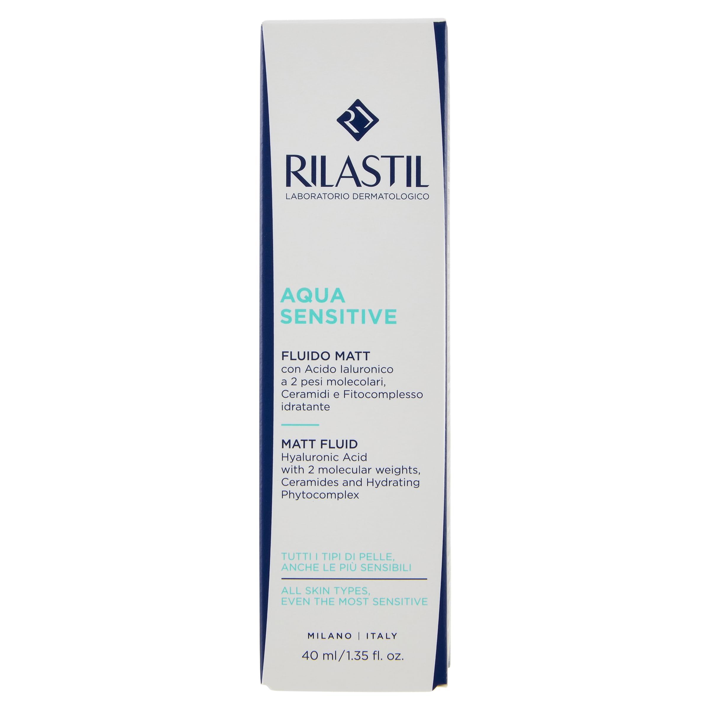 Rilastil Aqua Sensitive Fluido Matt, lekka emulsja, codzienna nawilżająca do skóry wrażliwej i suchej, z kwasem hialuronowym, opakowanie 40 ml