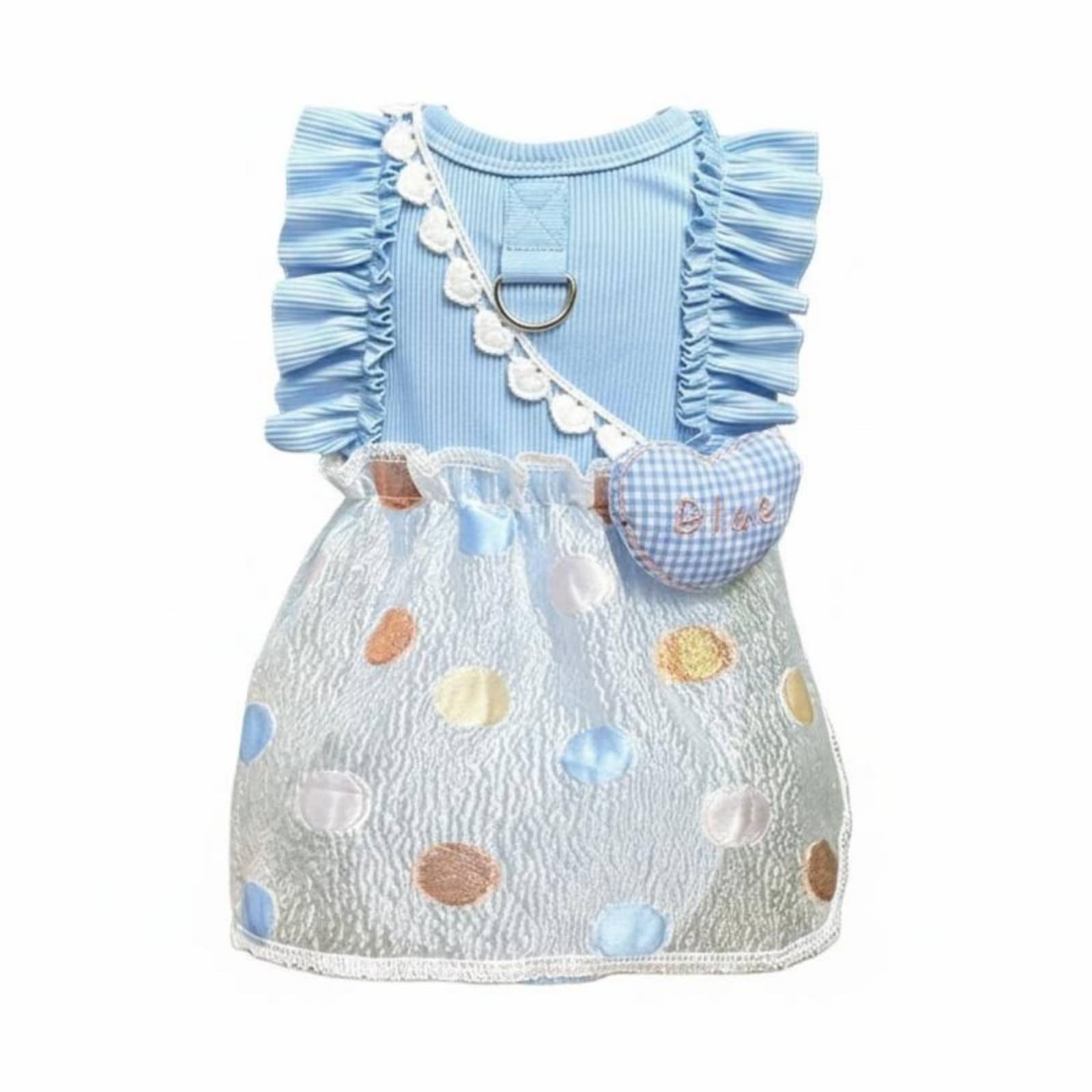 Robe chat pois doux bleu S vêtement animalier à volants poitrine 35cm