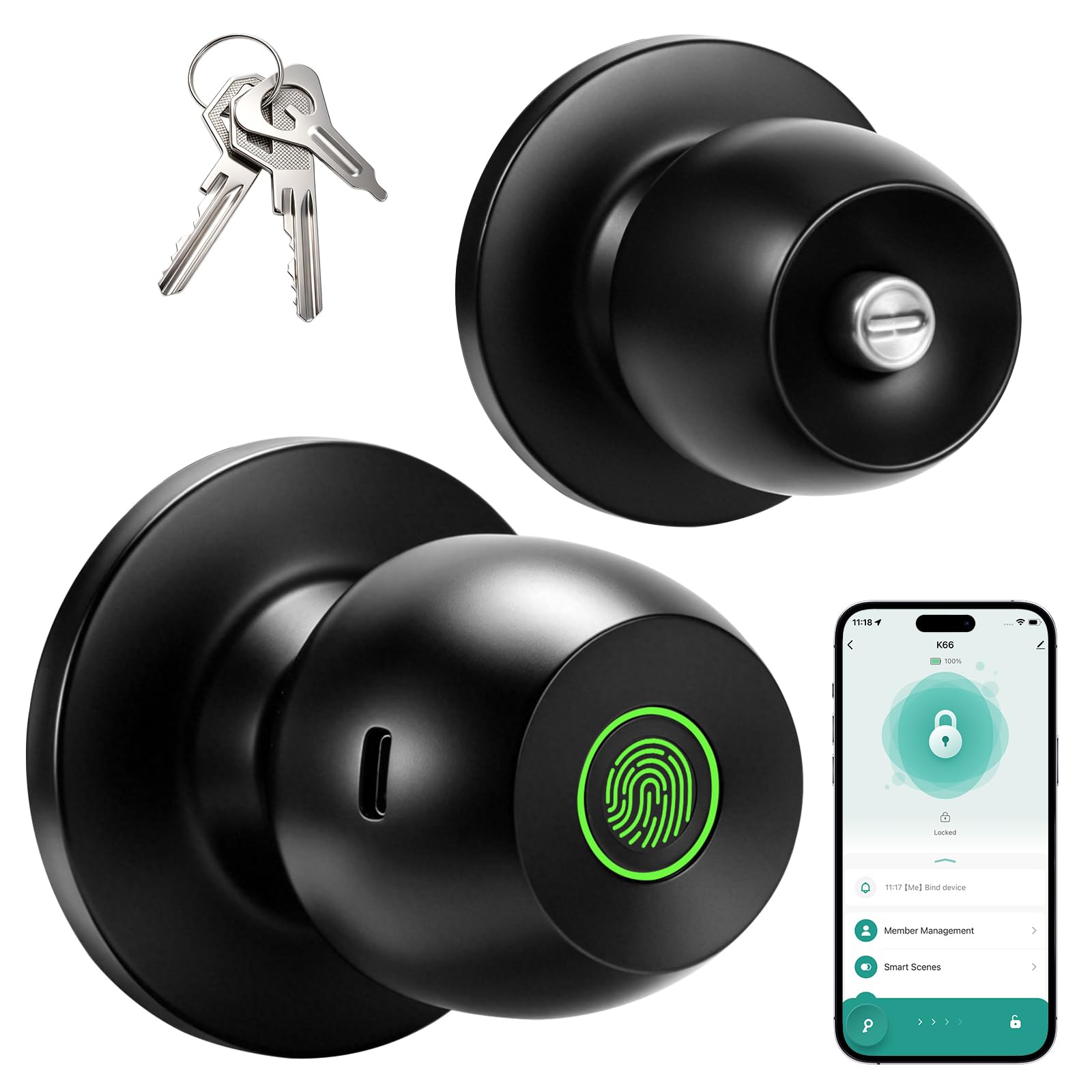 Photo 1 of Smart Fingerprint Door Lock Knob, Fingerprint & App & Key Entry Door Lock