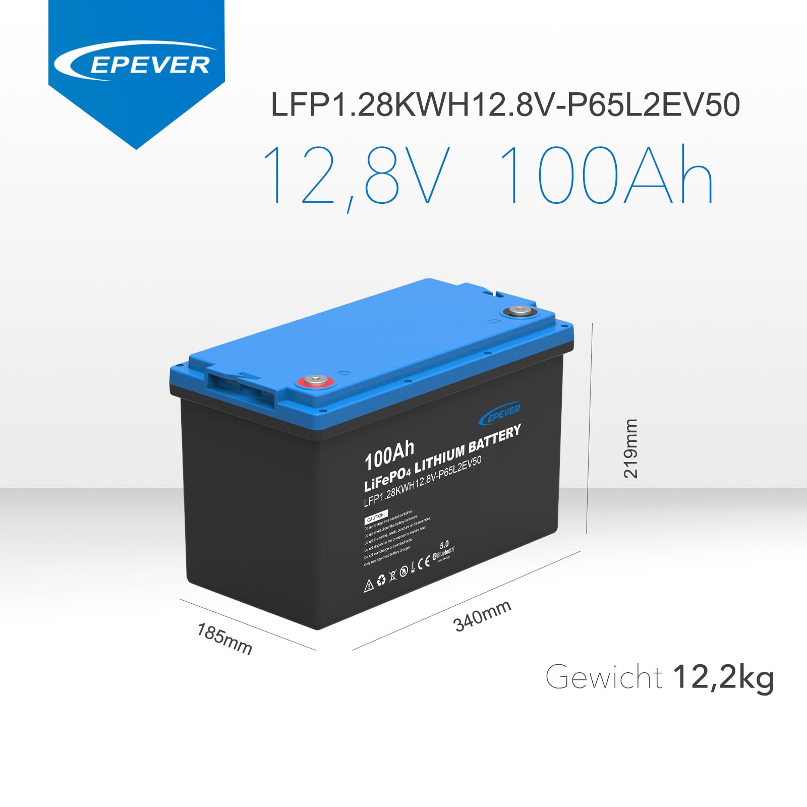 EPEVER Batteria al litio LiFePO4 12,8 V, 100 Ah con BMS e app integrate, auto-riscaldamento inferiore a 0 °C, celle LiFePO4 classe A, adatta per camper, barche, campeggio, roulotte, accumulo di