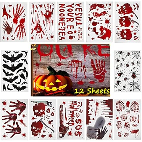 Fyvadio Halloween Bloody Window Stickers, 160 pcs Halloween PVC Bloody Handprint Footprint Decals, Removable and Reusable Window 3D Bat Spider Sticker for Halloween Party, Vampire Zombie Party Decor Cover
