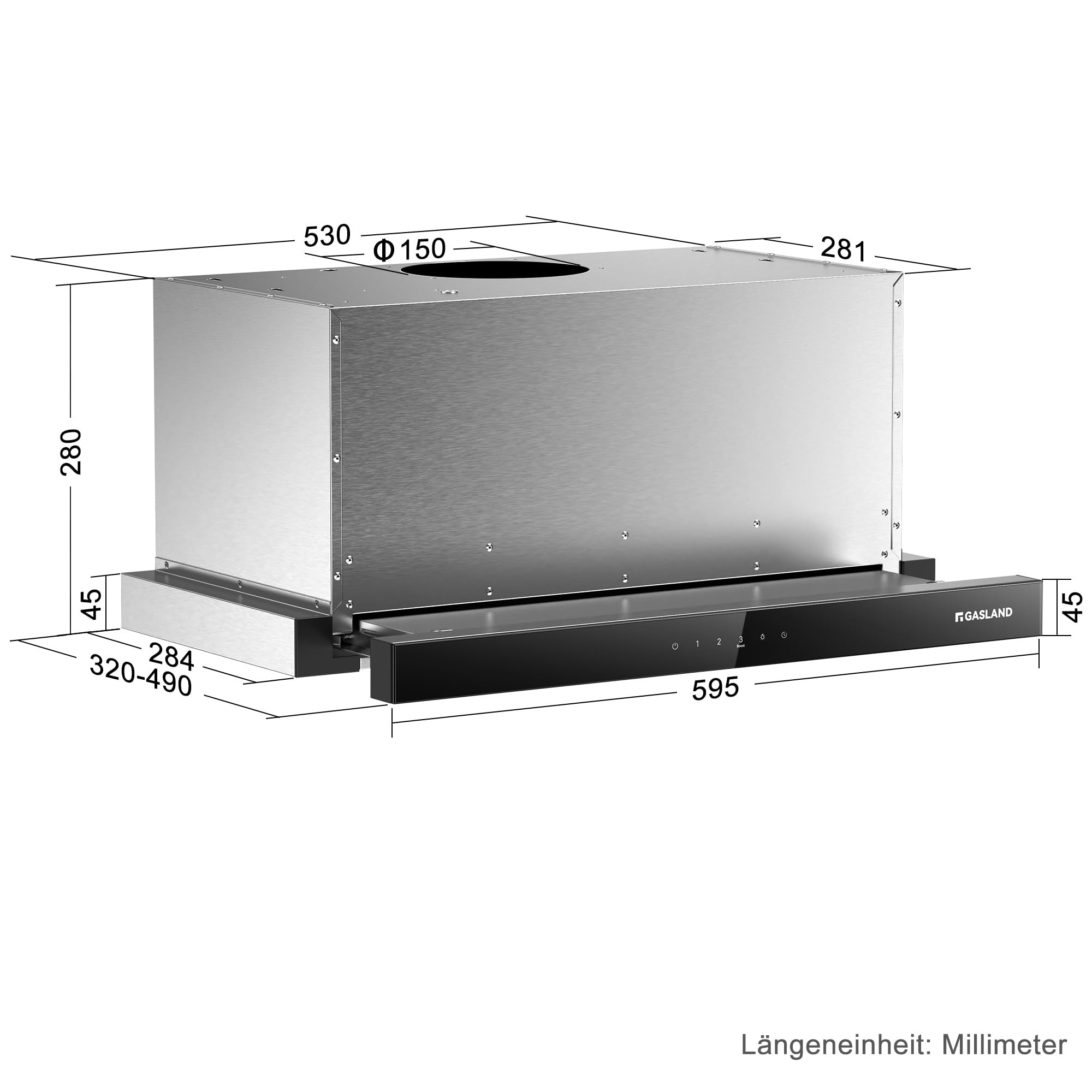 GASLAND BR60SS A++ okap wyciągowy 60 cm Umluft, szklany przód z czujnikiem dotykowym, wbudowany okap 566 m³/h, bezgłośny okap ze stali nierdzewnej z aktywnym filtrem węglowym CF176