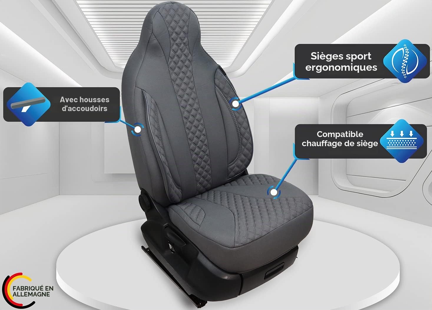 Bremer SITZBEZÜGE WPL409 - Housses de siège compatibles avec Les modèles de Pilote Ducato Weinsberg Adria Dethleffs - Lot de 2 Housses avec accoudoirs Gris