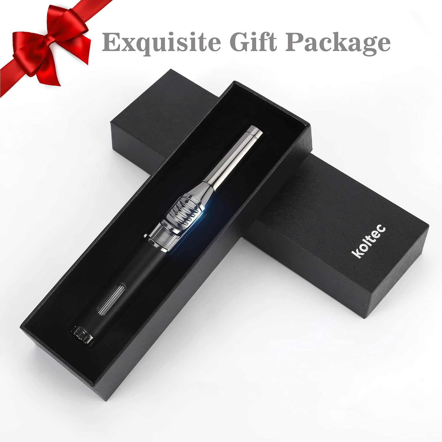 KOLTEC Torch Lighter, Rotatable Butane Lighter Adjustable Refillable Jet Flame with Fire Lock Visible Gas Window Windproof Portable for Grill BBQ Candle Camping (Butane Not Included) (Black)
