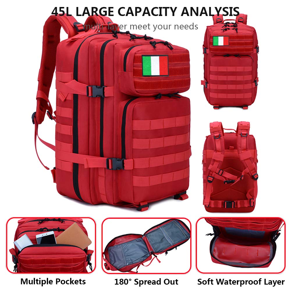 45L Zaino Assalto Tattico Militare Molle Zaini Da Viaggio Zaino Moto Per Trekking All'aperto Escursionismo Caccia Campeggio E Altre Attività Sportivo, Multifunzione + 4 Badges (Rosso)