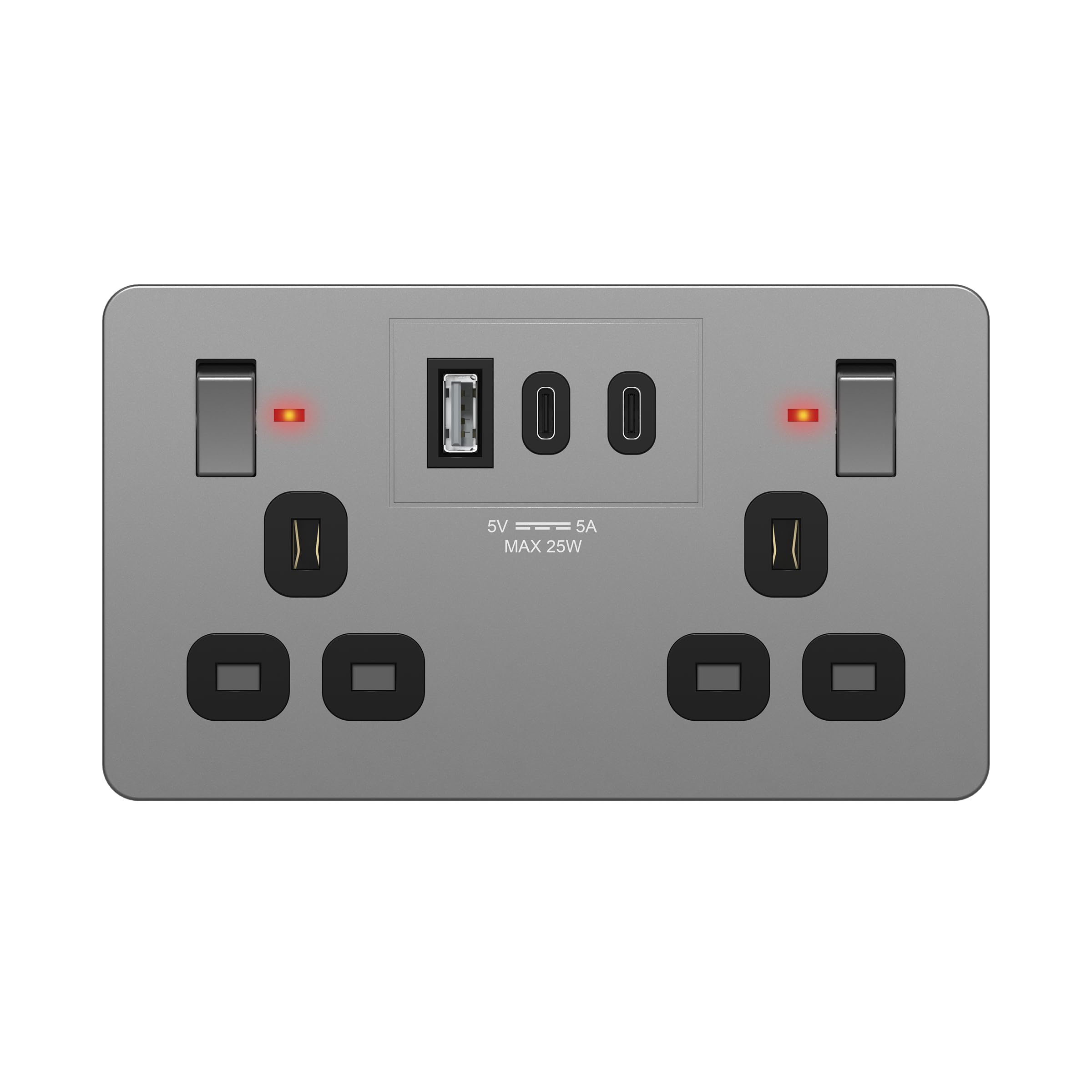 LIDER 2-Gang Switched 13A Socket with USB TYPE C & A Ports, LED Power Indicator, Always-On USB Ports, 25W Combined Output, Child Safe, UKCA Certified, Space Gray (Use a 35mm-deep back box) โ image 1