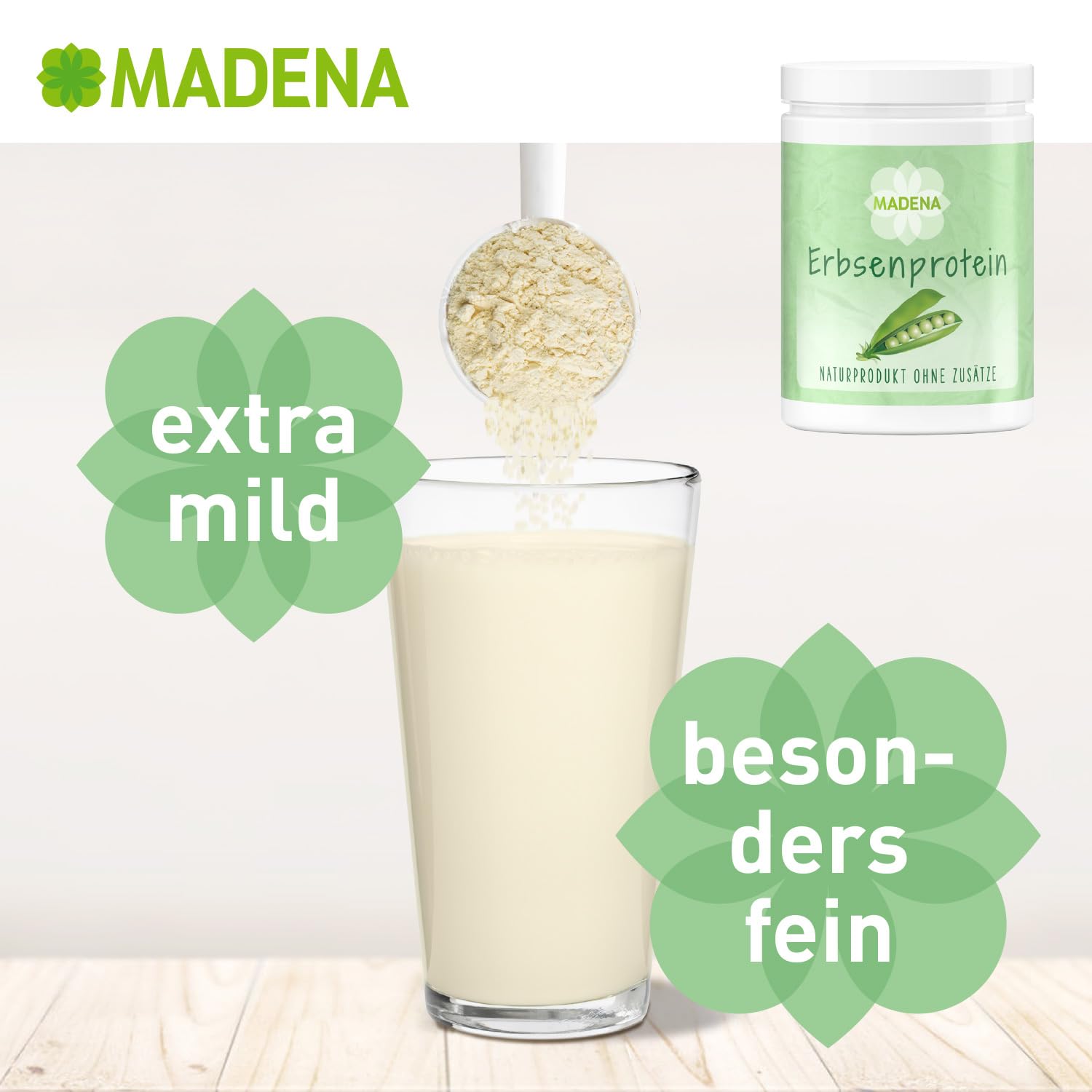 MADENA Erbsenprotein Pulver 1kg, veganes Protein mit 85% Proteingehalt, 100% Proteinisolat, extra mild und fein, glutenfrei laktosefrei