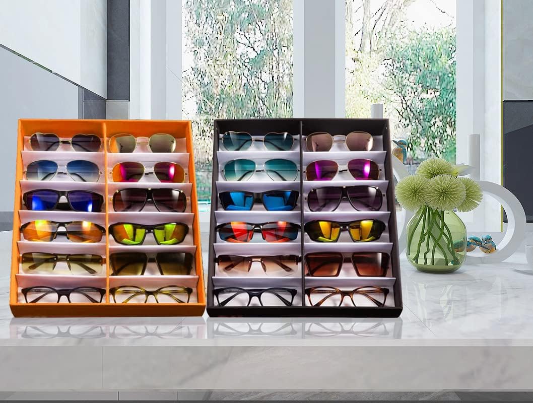 12 Slot Polyester Silk Lining Sunglasses Display Case with Stand Function (Yellow 2pack)
