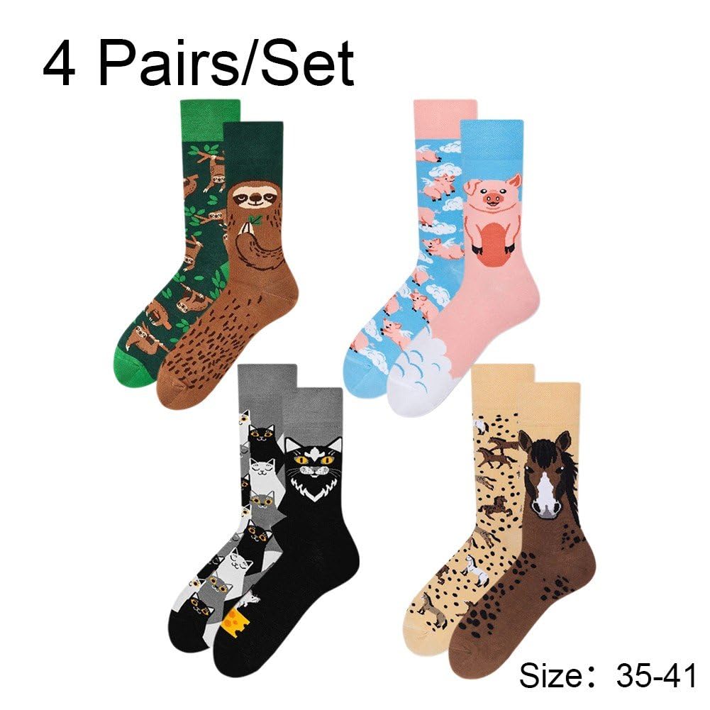 Zwierzęta z kreskówek skarpetki 4 pary zabawnych bawełnianych skarpet unisex skarpety domowe Funky Chic Crew skarpety do wewnątrz