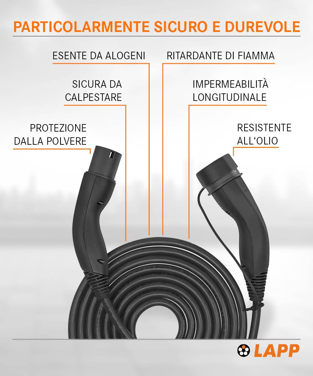 Lapp Mobility Helix - Cavo di Ricarica Tipo 2, 7,4 kW, autoavvolgente, 32 A, 1 Fase, per Auto elettrica, modalità 3/5 m