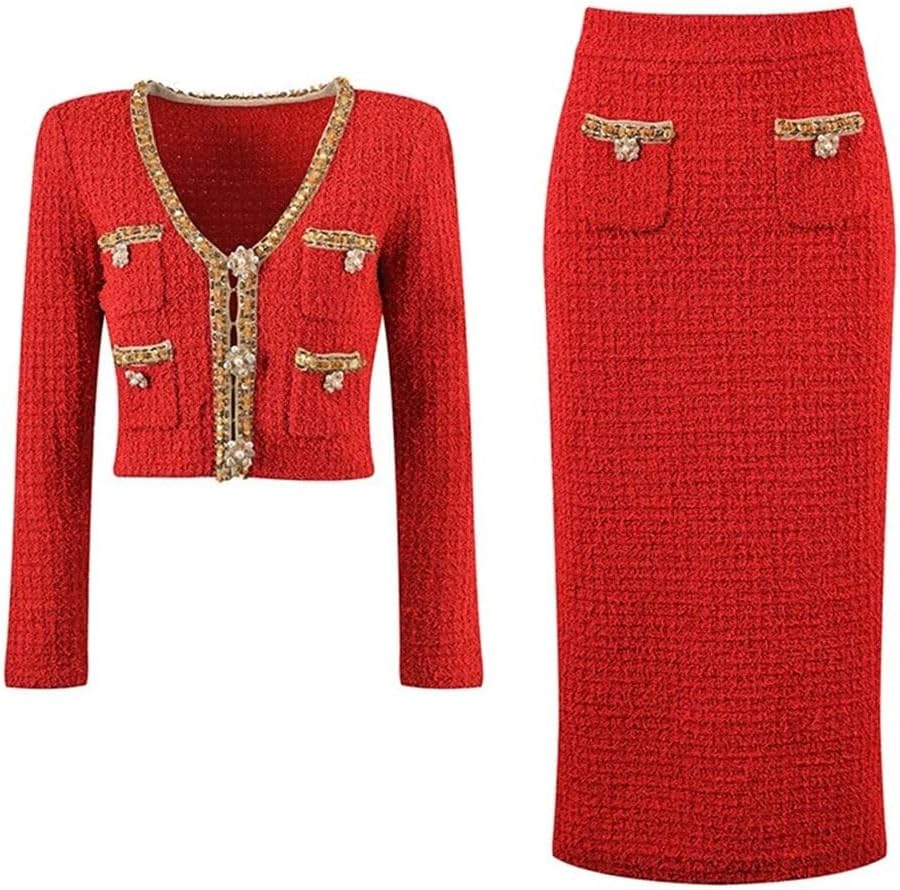 Charming Tweed Red Women's Two-Piece Dress V-Neck Short Sequin Top Slim-fit Women's Suit(Medium)