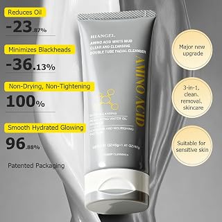 HIANGEL Dual-Tube Facial Cleanser: Amino Acid & Clay 2-in-1 Face Wash for Oily Sensitive Skin, Oil Control, Blackheads & Makeup Removal