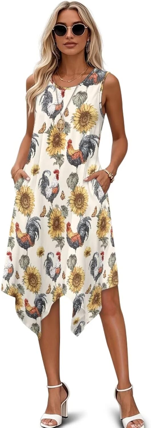 Beauty Collector Women's Sleeveless Hankerchief Hem Sundress Crewneck Casual Summer Dress