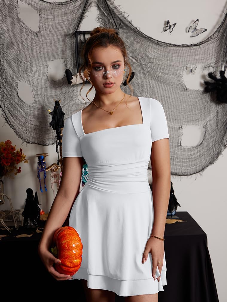 XXTAXN Women's Sexy Square Neck Short Sleeve Ruched Tiered Ruffle Hem Flowy Club Party Mini Dress - Image 6