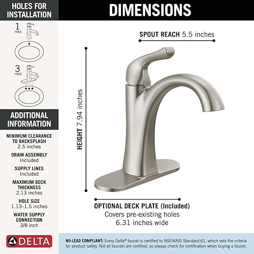 Miniatura 47 de Delta Arvo - Grifo de baño dorado cepillado de 1 agujero, grifo de lavabo de baño de un solo orificio para tocador, montaje de drenaje push-pop