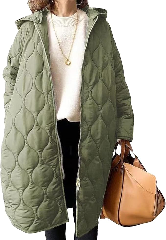 Amazon Lucky Lemon キルティングジャケット レディース コート 中綿入り ロング丈 フード付き アウター ダウン風 軽量 羽織り 体型カバー 着痩せ 大きいサイズ グリーン Free コート ジャケット 通販