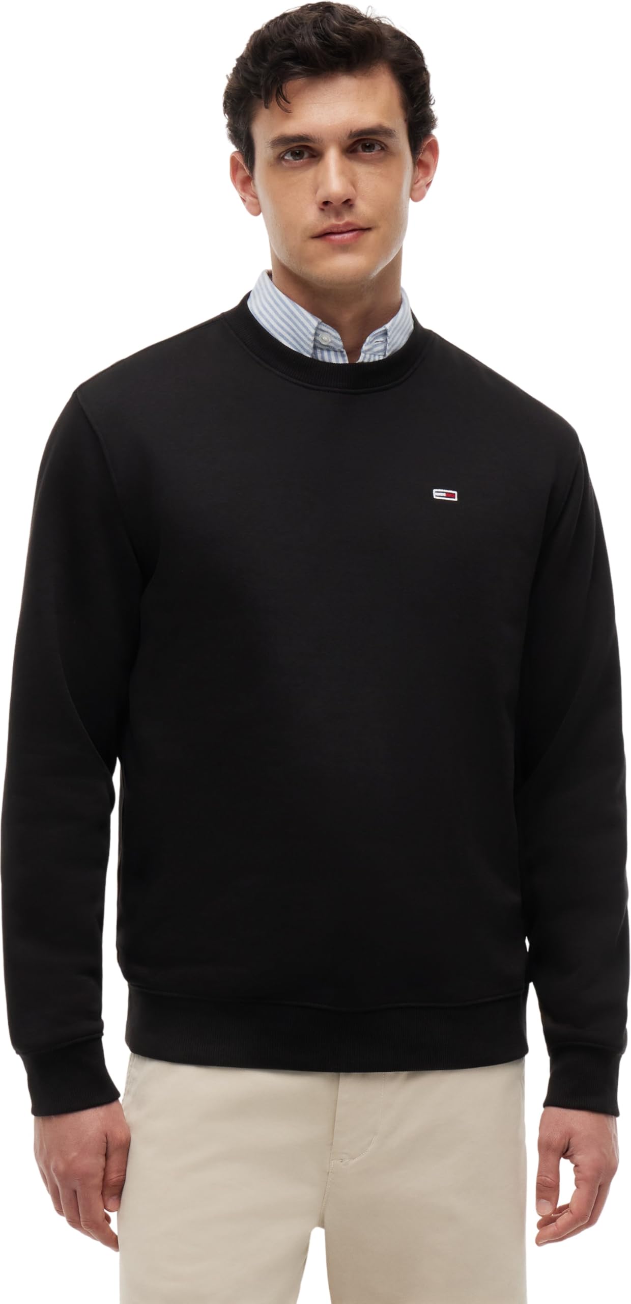 Tommy Jeans Herren Sweatshirt Regular Fit Flag Fleece Rundhalsausschnitt, Schwarz (Black), XL