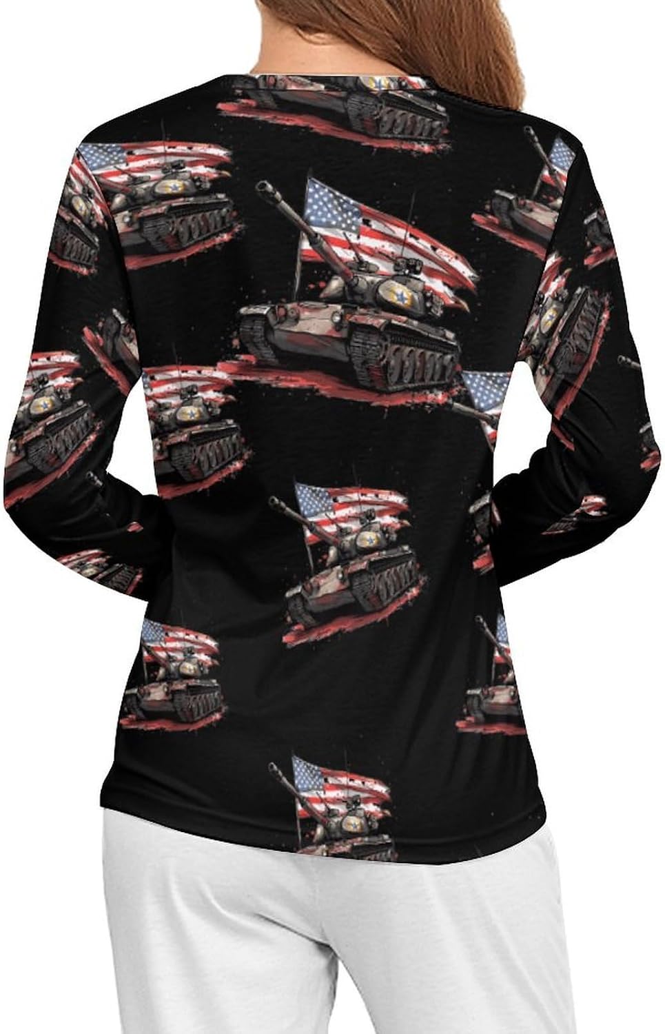 American Tank Flag Women's Pajama Top Sleepwear Pajamas Sleep T-Shirt Long Sleeve Shirt Crewneck Tee