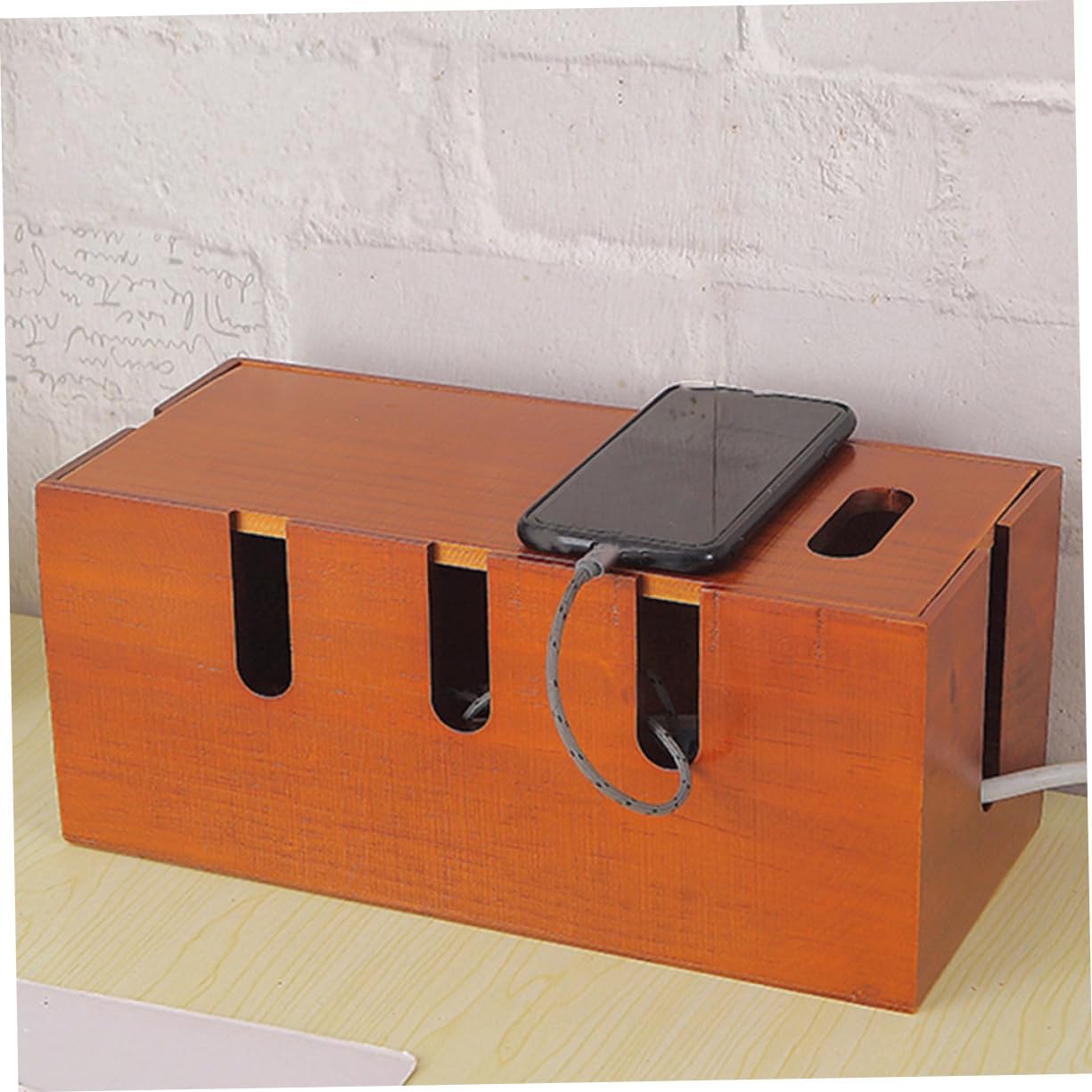 Hemobllo Boîte de Rangement Câbles en Bois Marron Multifonctionnelle pour Bureau, Organisateur de Cordon d'alimentation Design Moderne Simple et Élégant