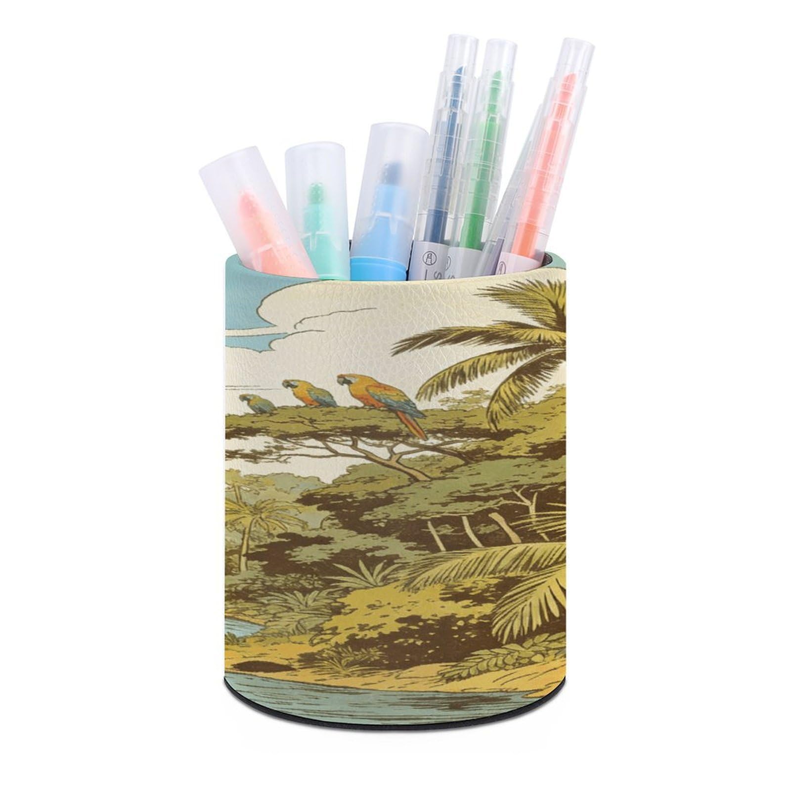 Tropical Jungle Pen Holder Multi-Functional Round Pencil Holder Cute Office Decoration Pen Cups Simple Design PU Leather Paintbrush Cups for Home Office Desk