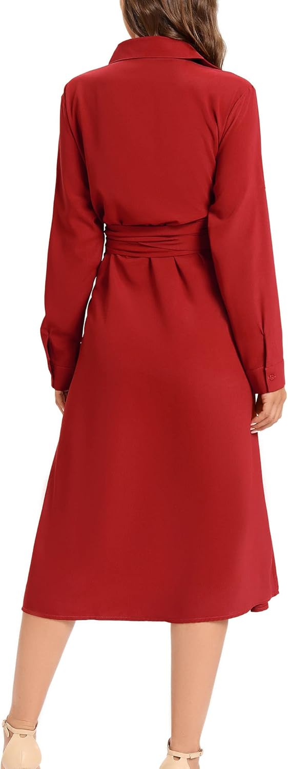 LUSMAY Women's Casual Button Down Belted Shirt Dress Long Sleeve Flowy A Line Dresses with Pockets - Image 6
