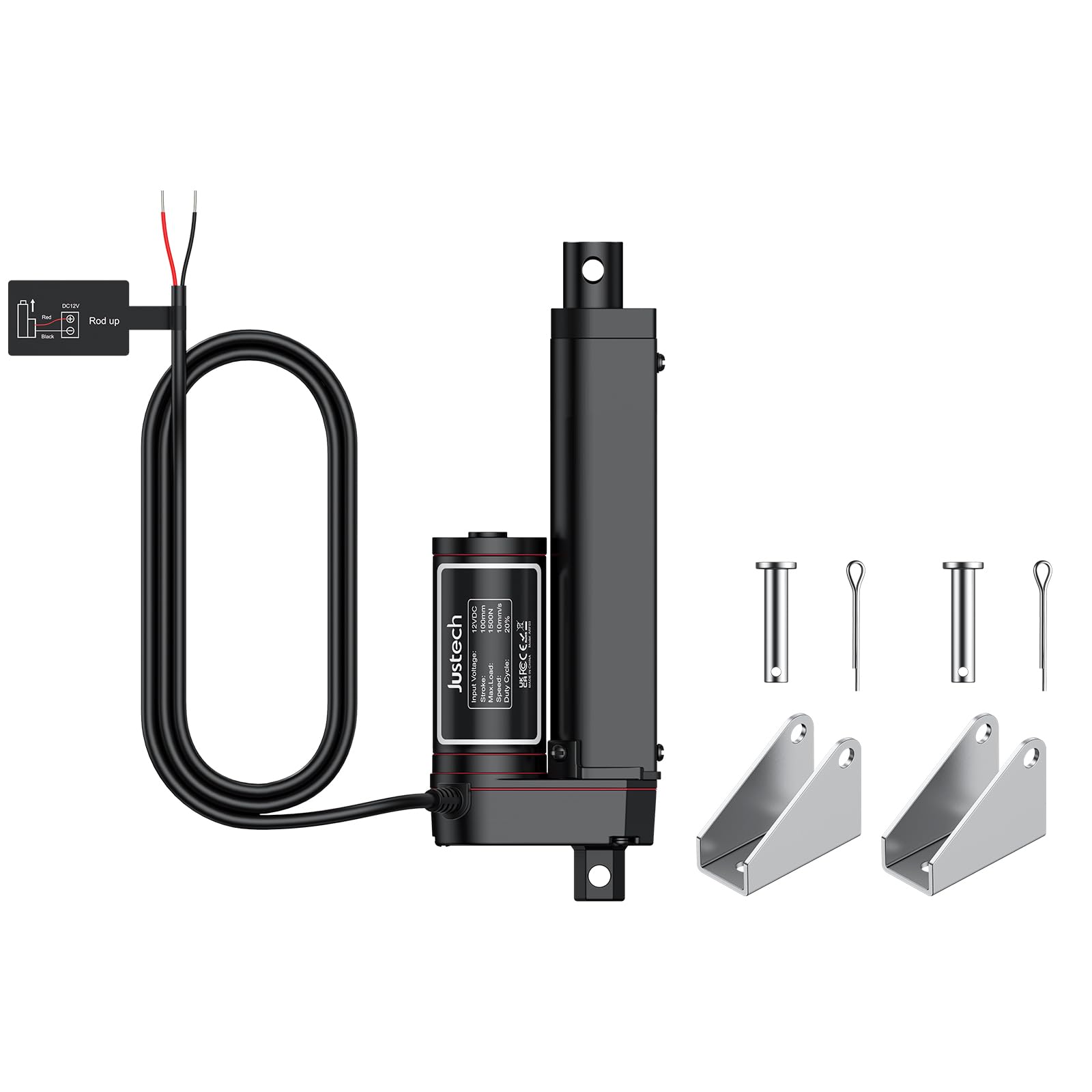 Justech 12V DC 1500N 100mm Motore Attuatore Lineare Multifunzione per Sollevatore Corsa Motore Elettrico con Staffe Montaggio per Auto Automobile RV Elettrico Apricancello Macchine Industriale - Nero