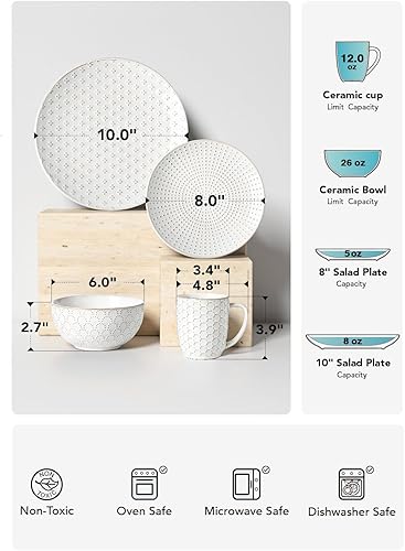Miniatura 4 de LE TAUCI Juego de vajilla de 16 piezas, blanco ártico, platos y cuencos de cerámica con tazas, ideal para 4, sirve para 4, apilable, sin plomo ni