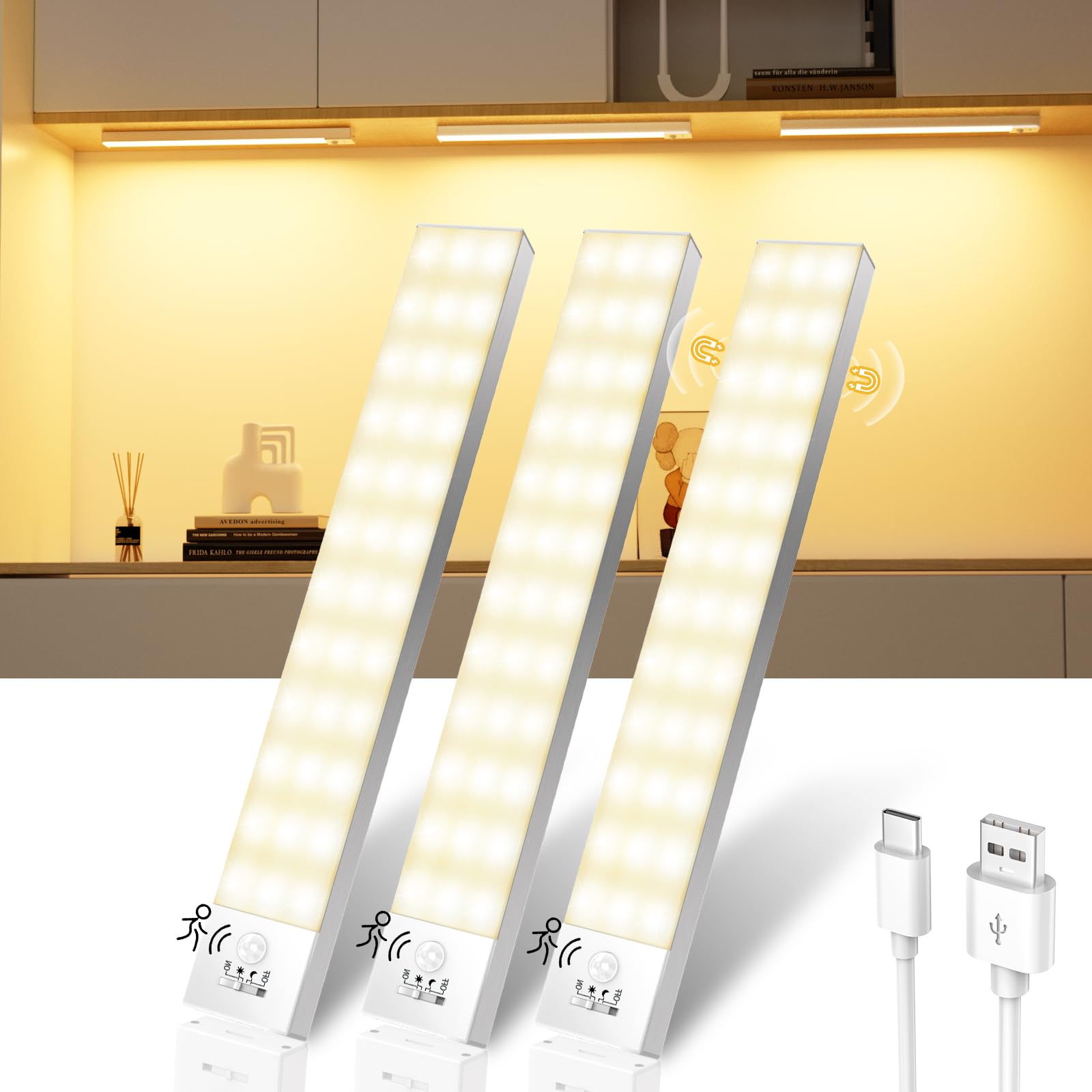 Ylatoial 3000K Under Cupboard Kitchen Lights, 1000Mah Under Cabinet Kitchen Lights Rechargeable Wardrobe Light Motion Sensor Battery Powered Night Light For Closet Bedroom Hallway Stairs -3 Packs