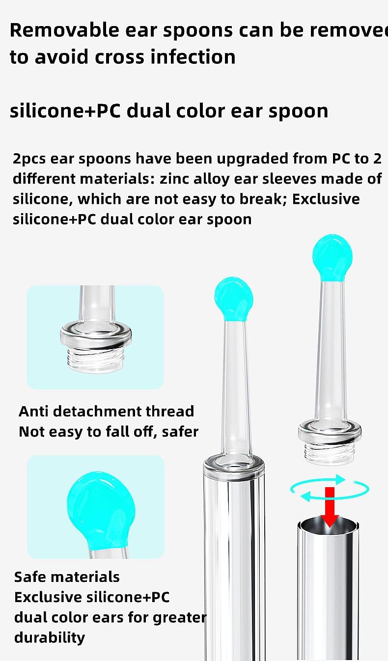 Diagram showing removable ear spoons with anti-detachment thread and different material options.