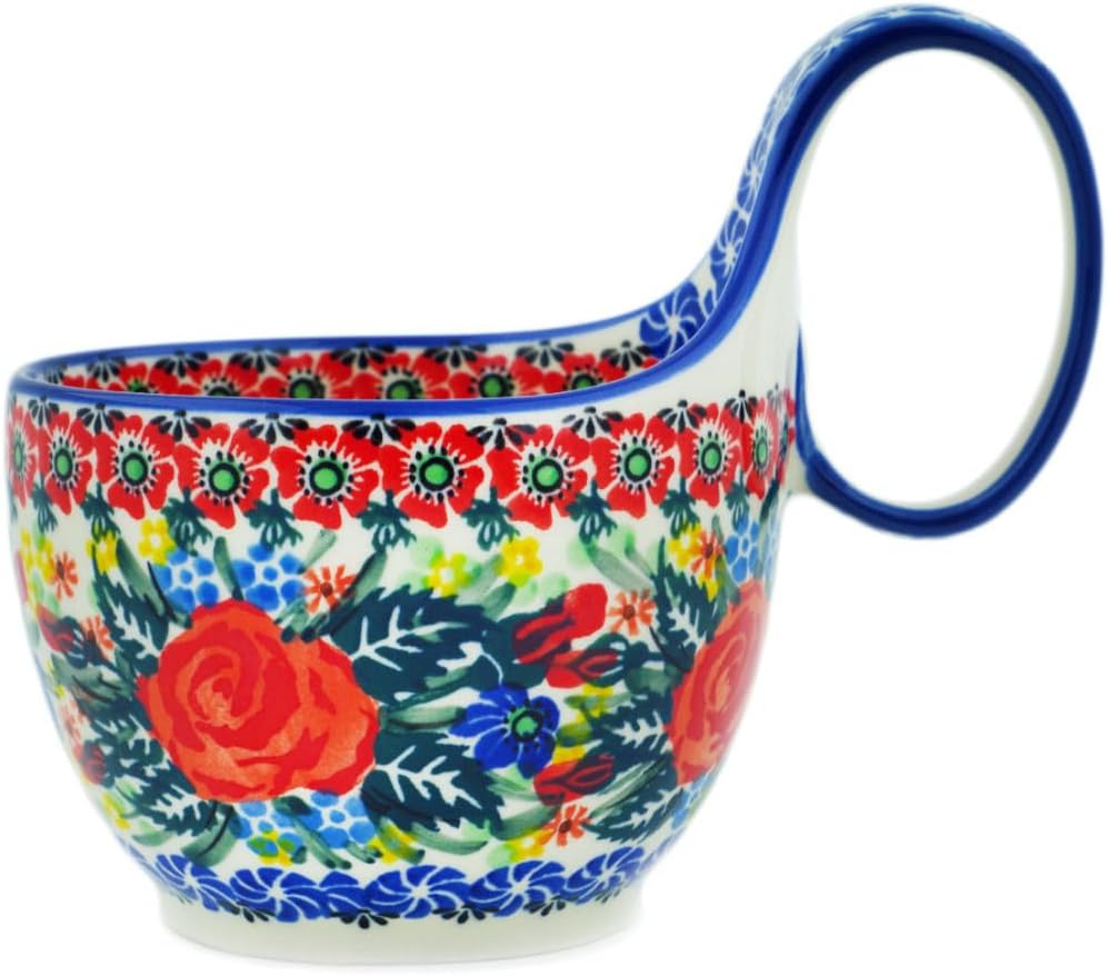 Polmedia Polish Pottery Bowl with Loop-Handle 6-inch UNIKAT - Blue Ribbon Roses Pattern Handmade in Boleslawiec Poland by Ceramika Artystyczna + Certificate of Authenticity