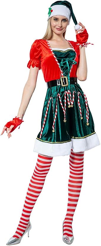 EraSpooky Elf Costume Adult Women Christmas Green Dress Suit Mrs Claus Outfit with Hat Gloves Belt Stockings