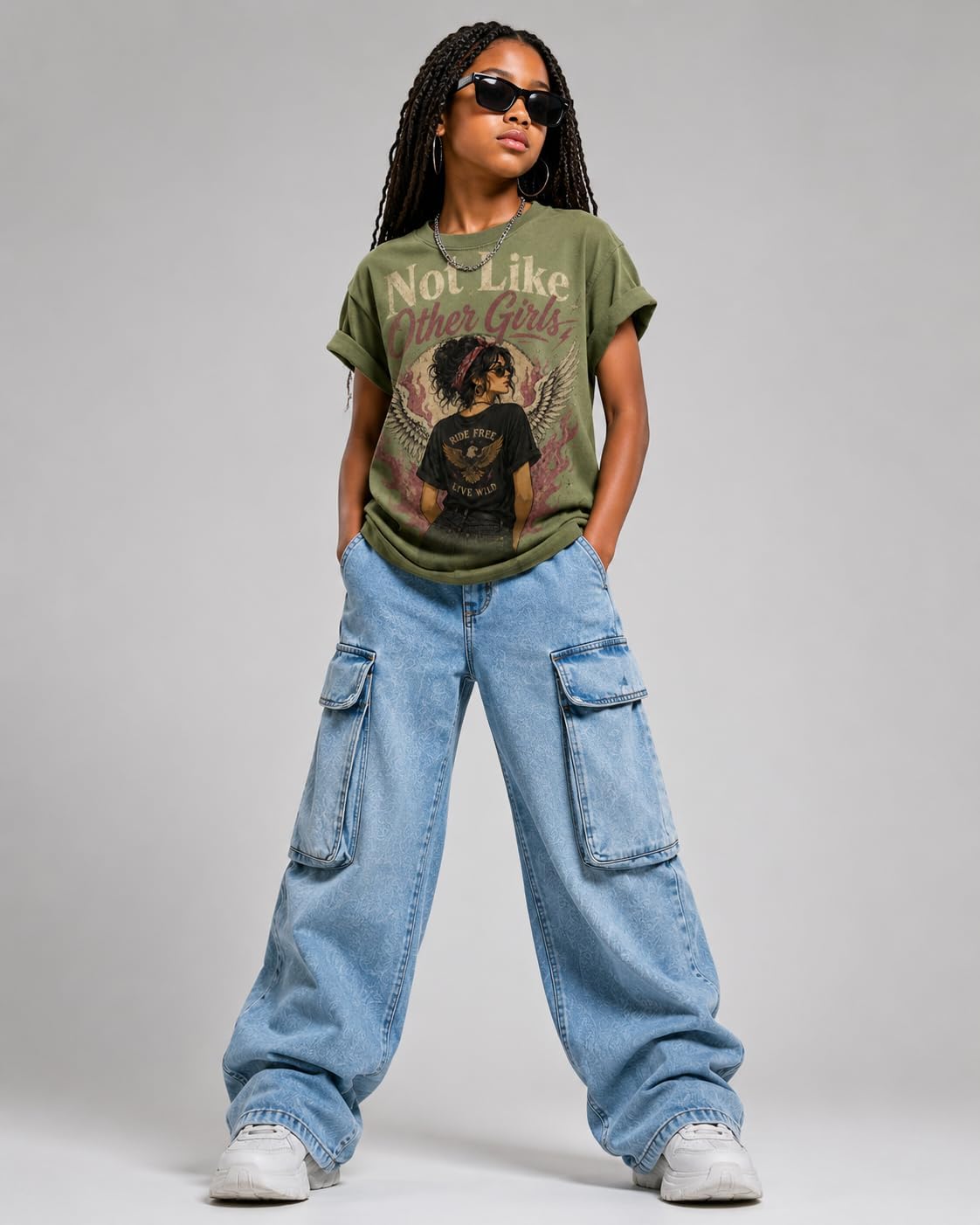 Girls Cargo Pants 2 Piece Outfit - Cute Clothes for Girls 10-12, Graphic Tee Wide Leg Jeans