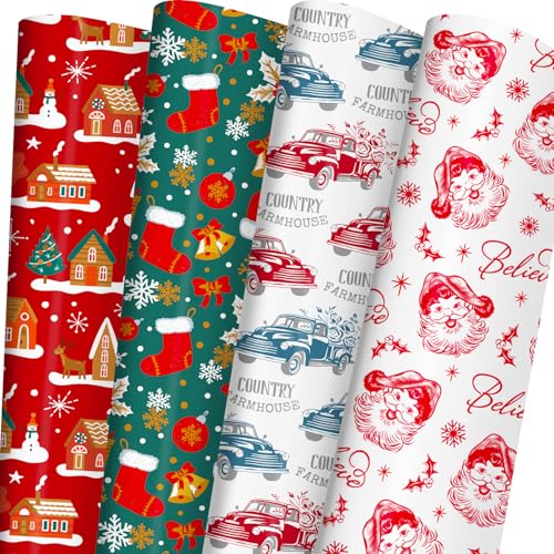 WAPLIGHAL Holiday Christmas Wrapping Paper Bundle for Kids - Santa Wrapping Paper with Vintage Truck, Bells, Christmas Stockings, Snowflakes, Winter Xmas Country Designs - 6 Jumbo Sheets, Each 28 x 40 Inches, Easy Storage