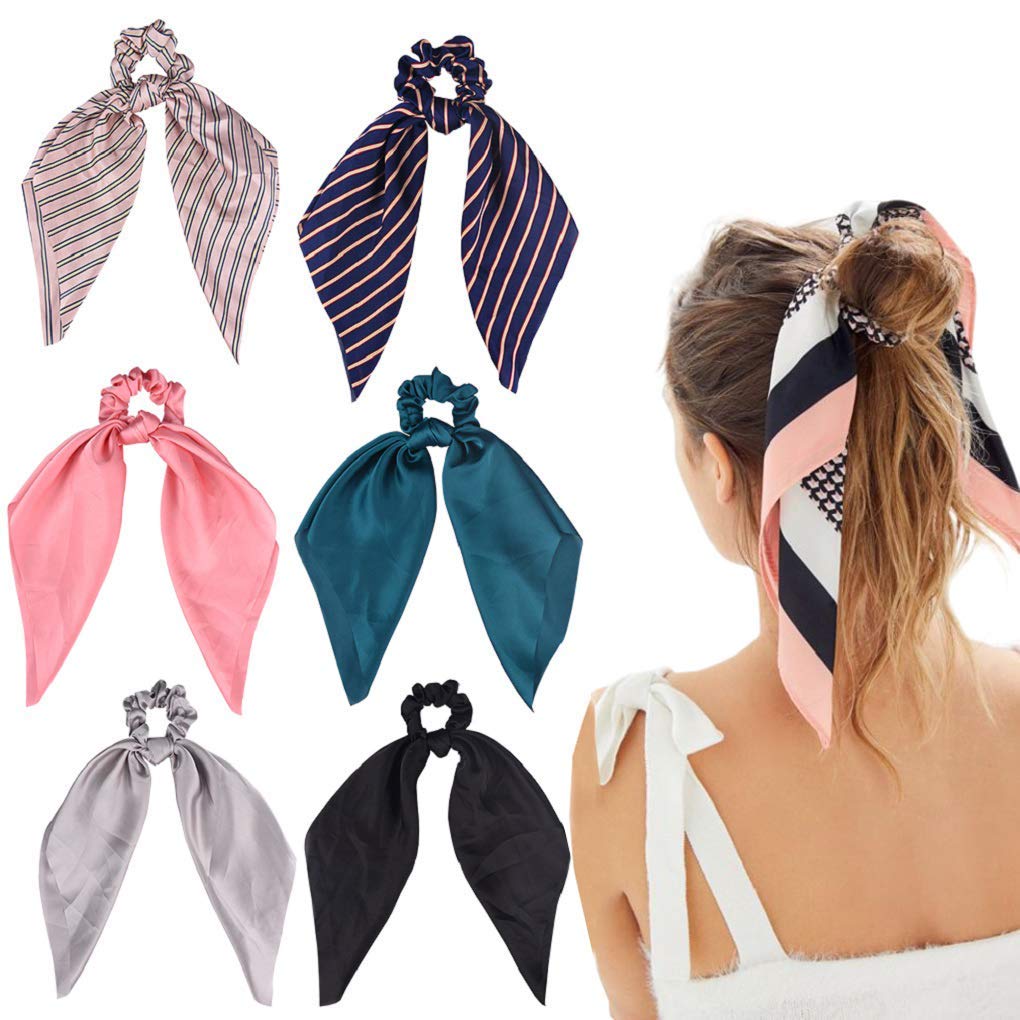Elastic hair ties with 6 bow scrunchies ponytail holder silk satin hair accessories for women and girls