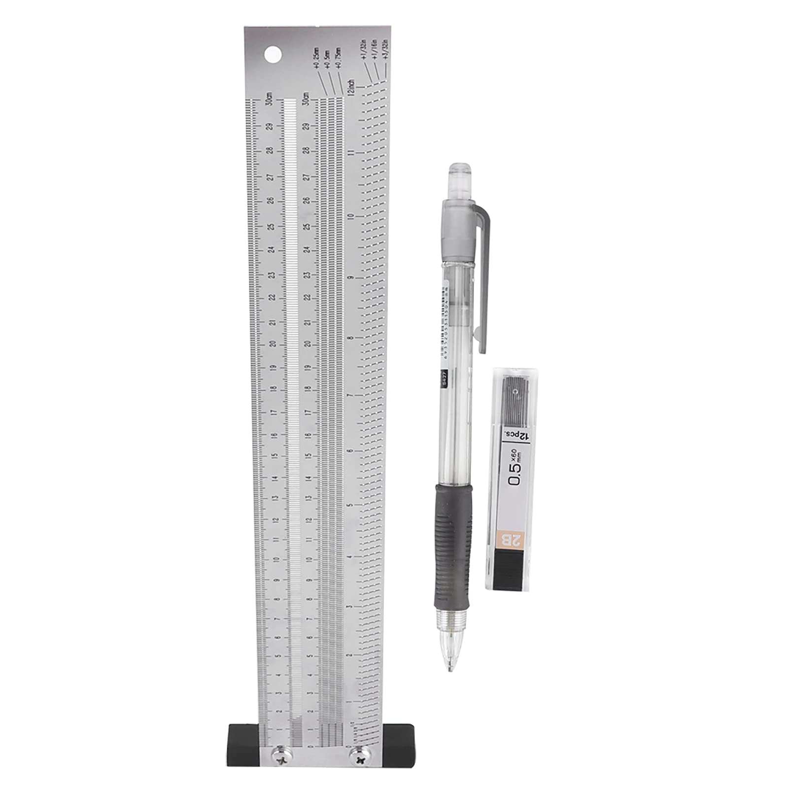 flexman Regla de Bolsillo de Precisión para Carpintería, Regla de Trazado de Carpintería de Acero Inoxidable con Portaminas, Herramienta de Medición Precisa de 0,25 mm, Trazador de Metal (12 pulgadas)