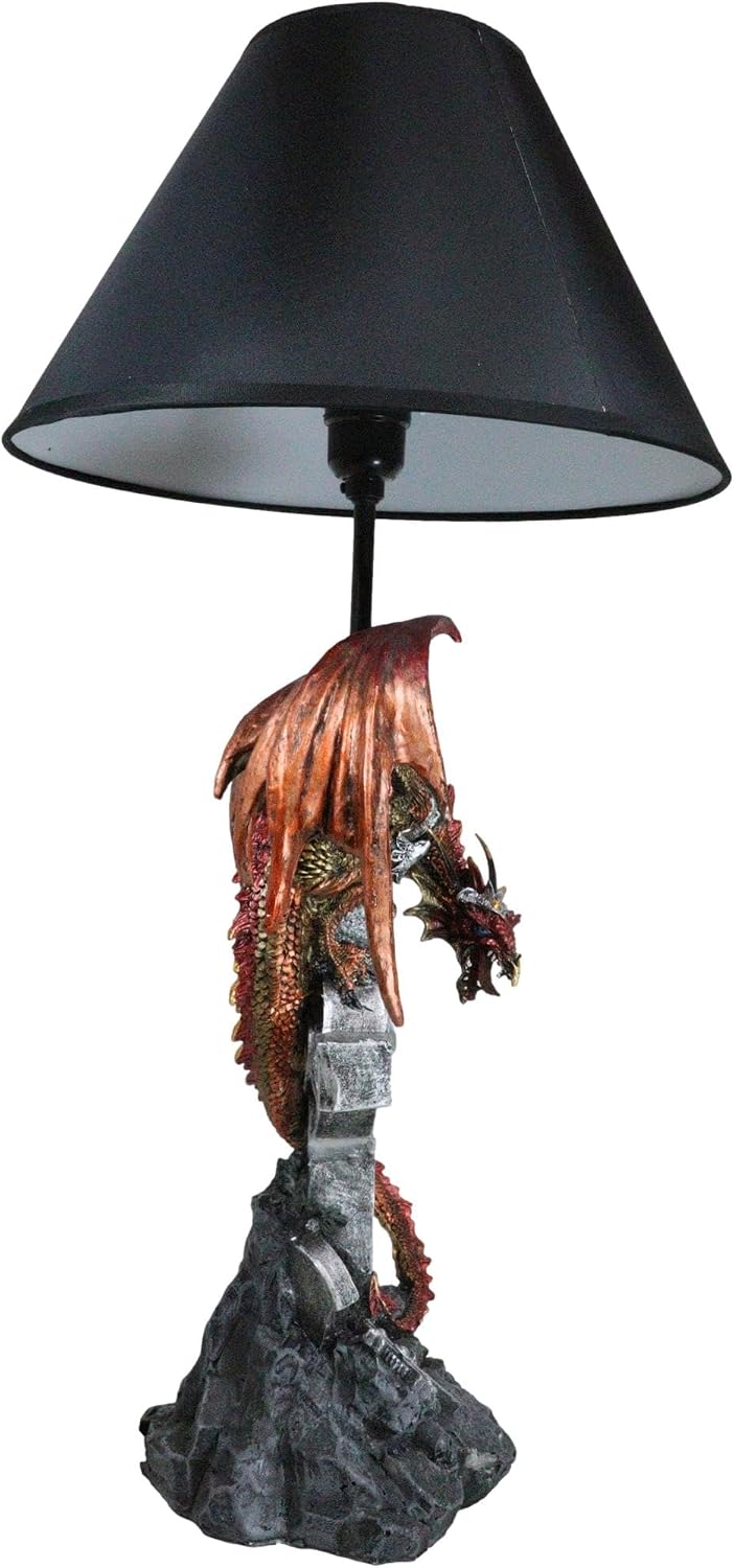 Ebros Gift Metallic Red Armored Dragon with Gold Streaks Perching On Celtic Knotwork High Cross with Crystal Sculptural Table Desktop Lamp Lighting Decor with Shade Mythical Fantasy Light Accent