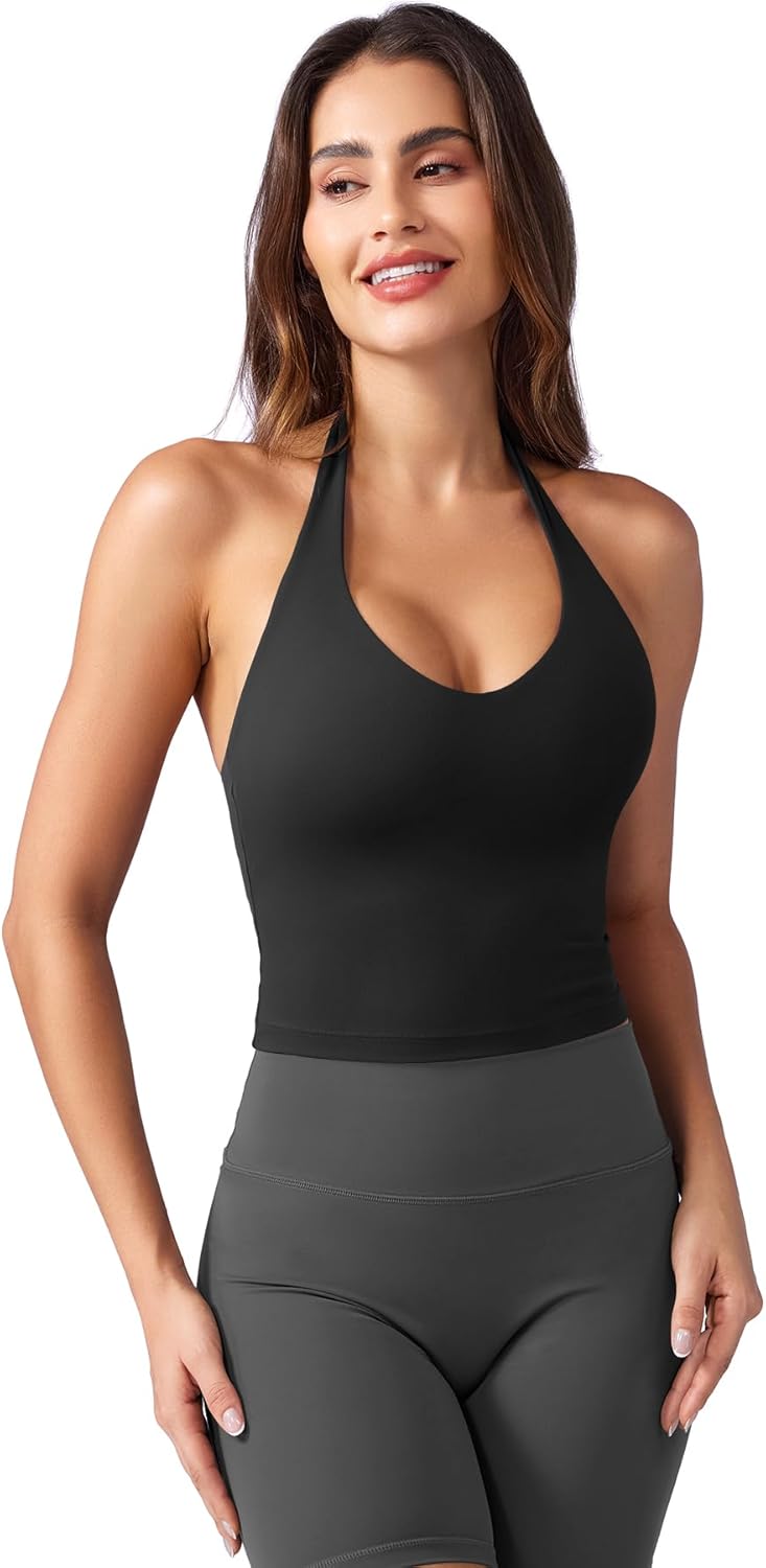 YEOREO Women's Halter Crop Top V Neck Workout Going Out Tank Top Hazel Padded Sleeveless Backless Trendy Summer Camisole - Image 5