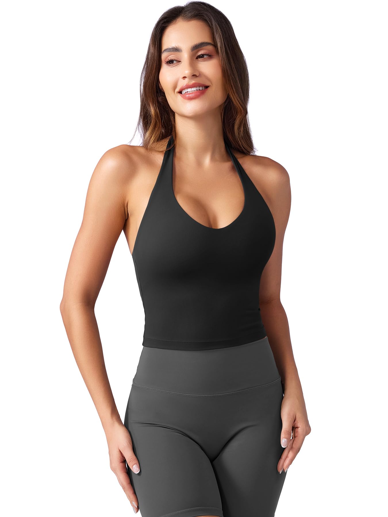 YEOREO Women's Halter Crop Top V Neck Workout Going Out Tank Top Hazel Padded Sleeveless Backless Trendy Summer Camisole — view 5