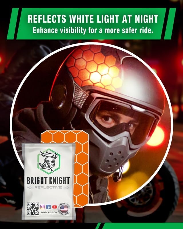 Miniatura 2 de BRIGHT KNIGHT DECALS Adhesivos hexagonales reflectantes para casco de motocicleta. Calcomanías de casco de motocicleta naranja de 1 pulgada hechas